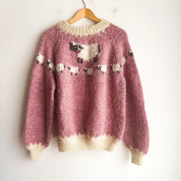 Handmade Sweaters - Vintage Hand-knit Pink Ivory Sheep motif Wool Sweater L/XL
